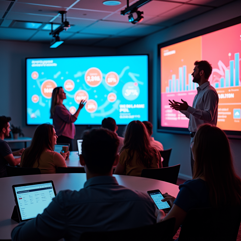 A professional presenter in a modern meeting room demonstrating an interactive presentation (Different types of presentations). The presentation includes dynamic visuals like clickable charts, real-time audience polls displayed on a large screen, with participants actively engaging on their smartphones or laptops. The setting conveys collaboration and active communication.