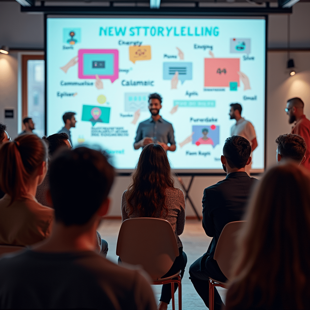 A professional speaker (Different types of presentations) giving a storytelling presentation, speaking to a captivated audience in a warmly lit conference room, with a large screen showcasing creative narrative visuals such as an open book, scenic images, and engaging diagrams. The atmosphere conveys inspiration, storytelling impact, and audience connection.