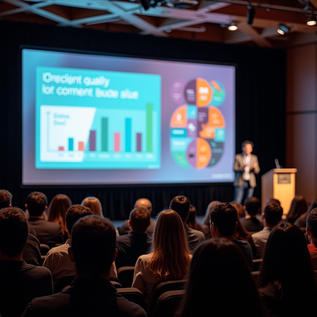 A presenter delivering (Different types of presentations) a visual-heavy presentation in a professional setting, featuring vibrant slide designs filled with infographics, graphs, and high-quality visuals. The audience is engaged with the dynamic visuals projected on a large screen, showcasing data with clear aesthetics and minimal text for maximum impact.