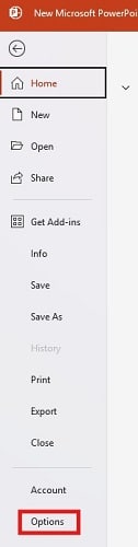 PowerPoint file options Menu