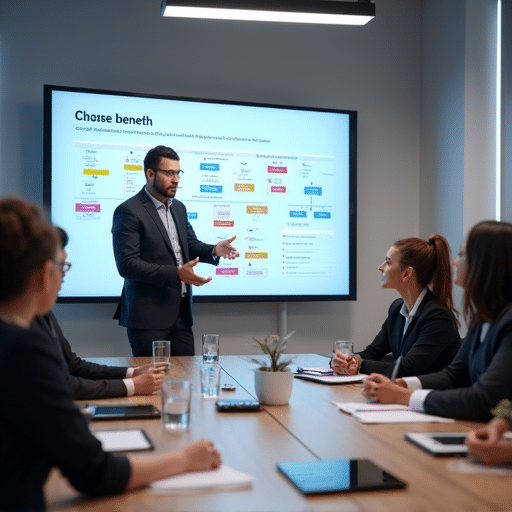 An HR manager stands at the front of a modern conference room, presenting a new employee benefits program with colorful flowcharts and a visible FAQ section on a large display.