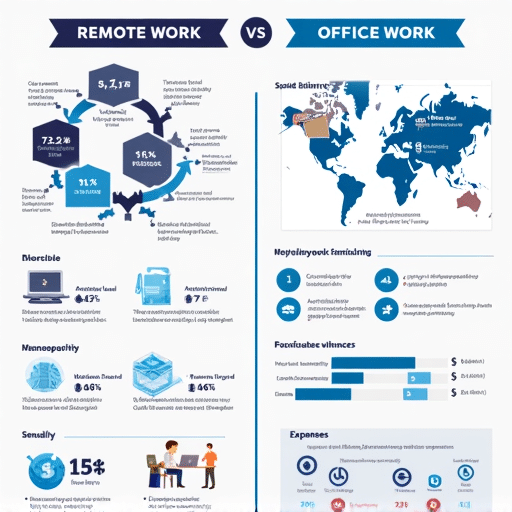A structured Comparative Informative Presentation visually contrasting remote vs. in-office work using side-by-side graphics, charts, and bullet points to highlight differences in productivity, teamwork, work-life balance, and costs.