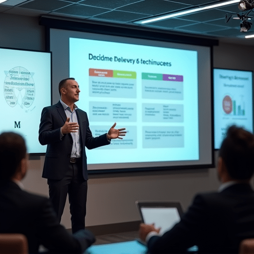 A presenter demonstrates effective Delivery Techniques for Informative Presentations by engaging with the audience through positive body language, eye contact, and clear visual aids, highlighting how presentation delivery enhances audience understanding.