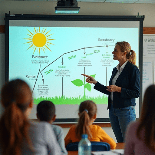 An educational scene showing a teacher using real-time animation and diagrams to explain photosynthesis to students, demonstrating how Informative Presentations make complex topics accessible and engaging in real-world classroom settings.