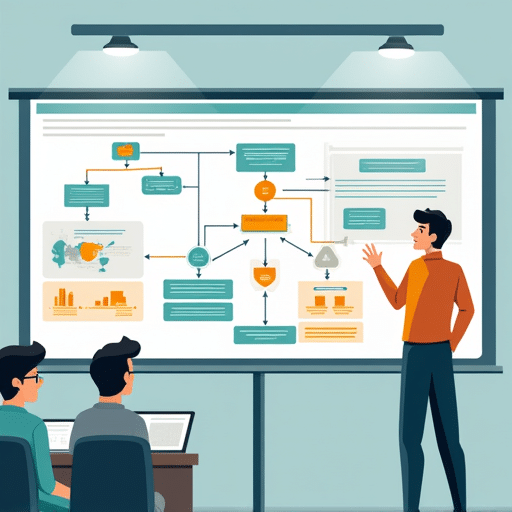A presentation using flow charts, animations, and analogies to explain complex systems such as blockchain technology, breaking down concepts like blocks, nodes, and hashes clearly while highlighting advantages and limitations.